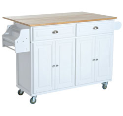 Rustic Farmhouse Rolling Kitchen Island in White with Wood Top