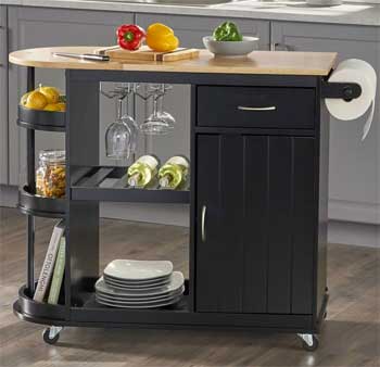 Black Rolling Kitchen Cart with Wine  Glass Holders