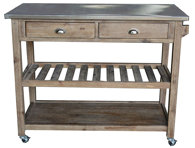 Boraam Rustic Kitchen Island with Stainless Steel Top, Wire-Brushed Finish and Locking Wheels