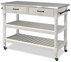 Bowery Hill Stainless Top Kitchen Cart with White Paint Finish and Antique Bronze Hardware