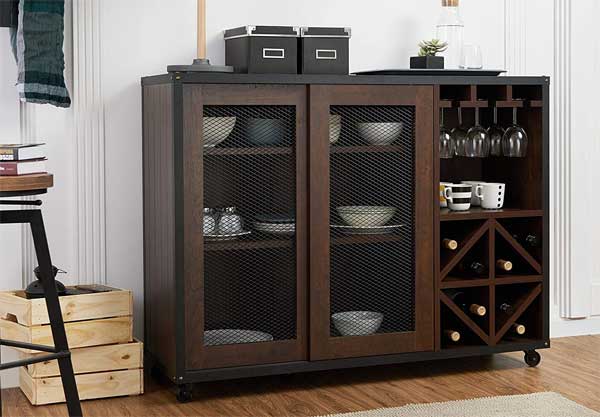 Buffet Cabinet with Wheels, Wine Rack, Glass Holder, Shelves and Sliding Cabinet Doors