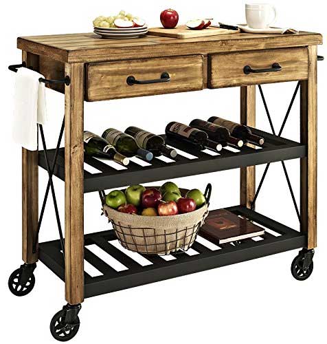 Crosley Furniture Industrial Kitchen Cart with 2 Metal Racks for Wine Bottles and Storage