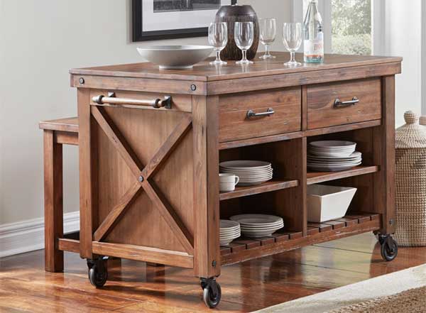 Farmohouse Kitchen Island with Wheels, Distressed Finish, Drawers and Open Shelves