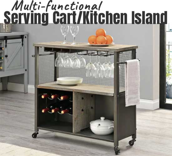 Farmhouse Style Kitchen Cart with Wine Rack, Glass Holder and Storage