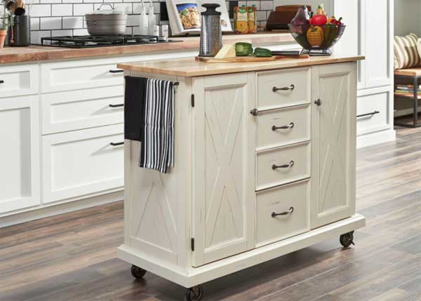 Off White Farmhouse Style Kitchen Island with Wood Top and Caster Wheels