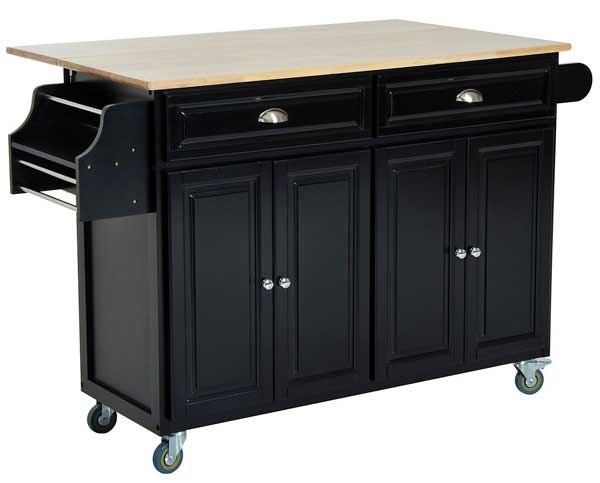 Homcom Black Rolling Kitchen Island with Cabinets and Drop Leaf Table