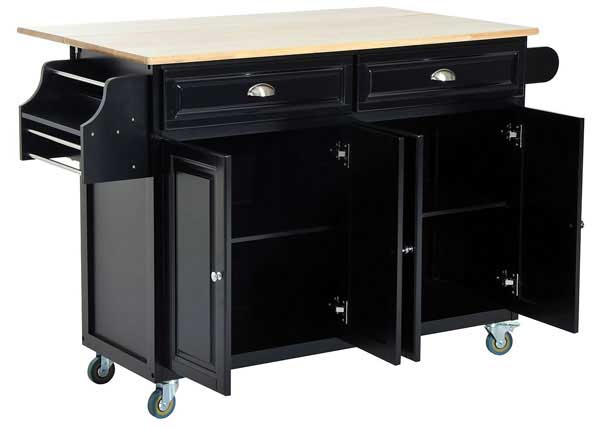 Homcom Black Rolling Kitchen Island with Cabinets Open