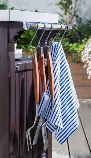 Utensil Hooks and Towel Rack on Outdoor BBQ Table