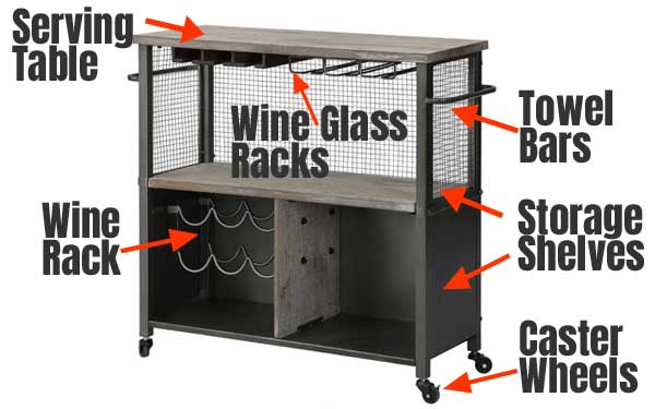 Industrial Cart Features with Wine Rack, Wine Glass Rack, Towel Bars, Shelves, Serving Table