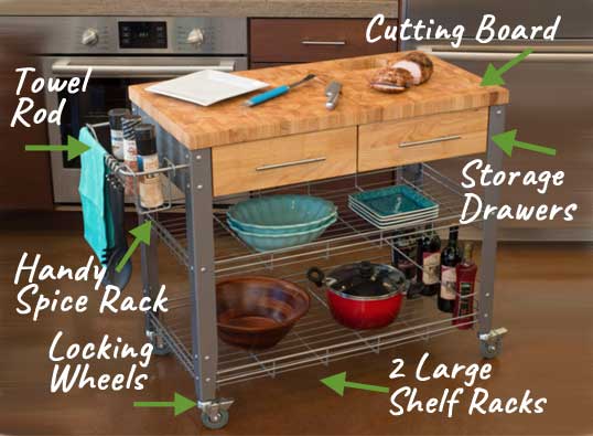 Industrial Style Kitchen Cart with Metal Rack Shelves, Wood Butcher Block Top and Locking Caster Wheels