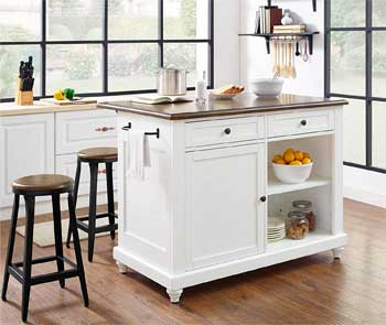 White Dorel Home Mona Kelsey Kitchen Island Comes with 2 Stools, Lots of Storage Space and a Towel Rack