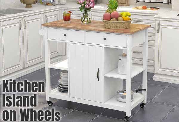 White Kitchen Island on Wheels with Storage and Wood Top