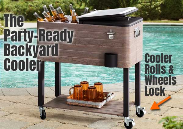 Sunjoy Outdoor Cooler Cart with Wood-Look Sides, Storage Shelf and Bottle Opener
