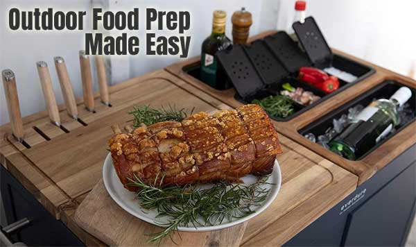 Outdoor Food Prep Made Easy with Rolling Cabinet with Cutting Board on Top