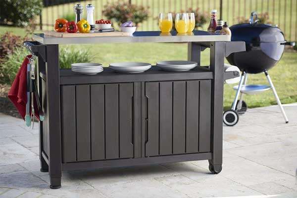 Outdoor Serving Table with Storage and Caster Wheels