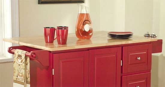 Mobile Red Kitchen Island on Caster with Natural Wood Top