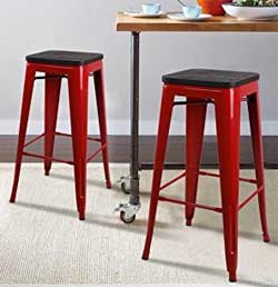 Red Metal Stools to Match the Red Farmhouse Style Rolling Kitchen Cart