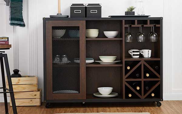 Rolling Buffet Cabinet with Wine Store and Sliding Doors