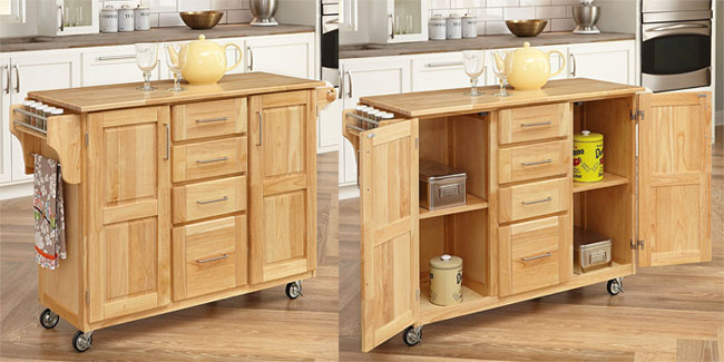 Rolling Kitchen Bar with Fold-Up Table and Natural Wood Finish