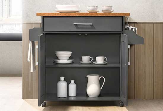 Rolling Kitchen Cabinet with Shelves, Drawer, Towel Bar, Spice Rack