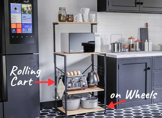 Rolling Microwave Cart with Locking Caster Wheels, Pull-Out Shelves, Utensil Hooks