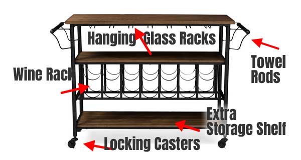 Rolling Wine Cart with Hanging Glass Rack, Towel Rods and Storage Shelves