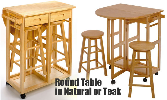 Round Kitchen Island Cart with Stools in Teak or Natural Finish