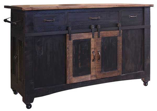 Weathered Black Farmhouse Style Barn Door Kitchen Island on Casters