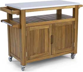 Teak Kitchen Cart with Dual-Sided Cabinets and Steel Top