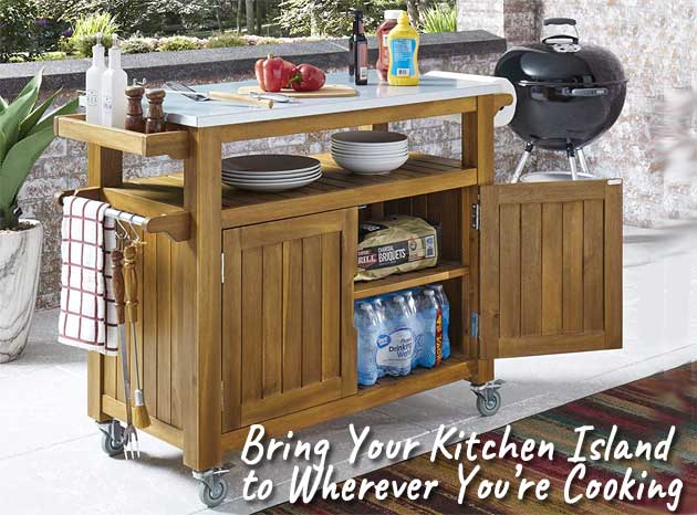 Rolling Teak Wood Kitchen Cart with Galvanized Tabletop, Storage cabinet, Shelf and Towel Bars
