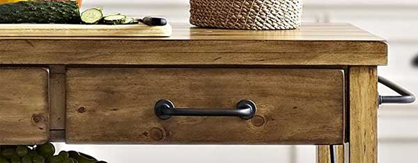 Close-up of Weathered Wood Drawer on Roots Rack Rolling Kitchen Cart