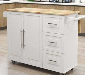 White Drop Leaf Rolling Island with Fold-Down RubberWood Top