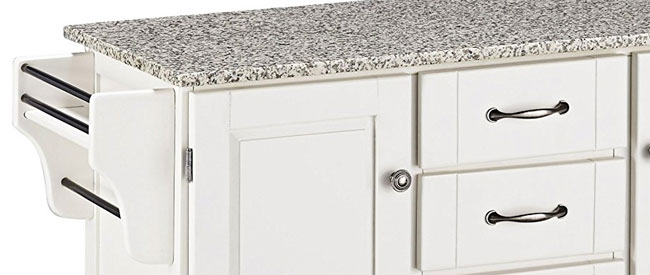 Close Up of White Kitchen Island with Granite Top: Hardware, Side Racks, Tabletop