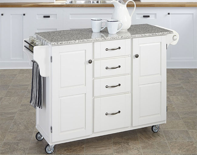 Rolling White Kitchen Island with Granite Top