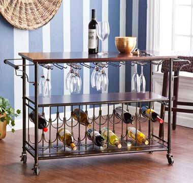 Wine Bar Cart with Storage Racks for Glasses and Bottles