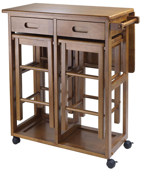 Winsome Kitchen Island Cart with Stools in Teak Finish