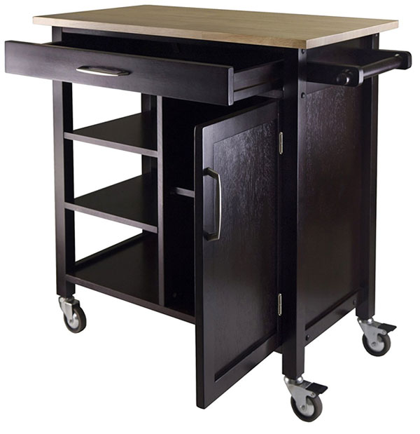 Winsome Mali Kitchen Island Cart with Drawer and Cabinet Open